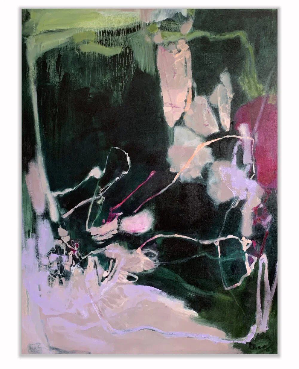 Storyteller is a 48" x 36" abstract oil painting by Stephanie Ong, an abstract artist based in Tampa Florida.  Set on a dark green background, this painting fratures shades of magenta, lime green, and bright lavender.