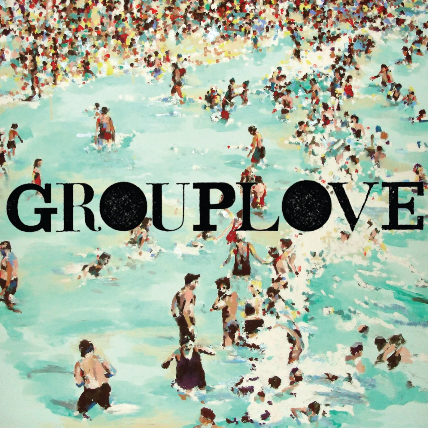 An illustration of a crowded beach scene with many people swimming and playing in the water, with the word "GROULOVE" in bold black letters across the center.