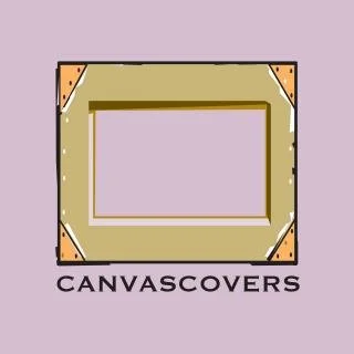 Illustration of a picture frame with the words 'CANVAS COVERS' underneath, set against a purple background.