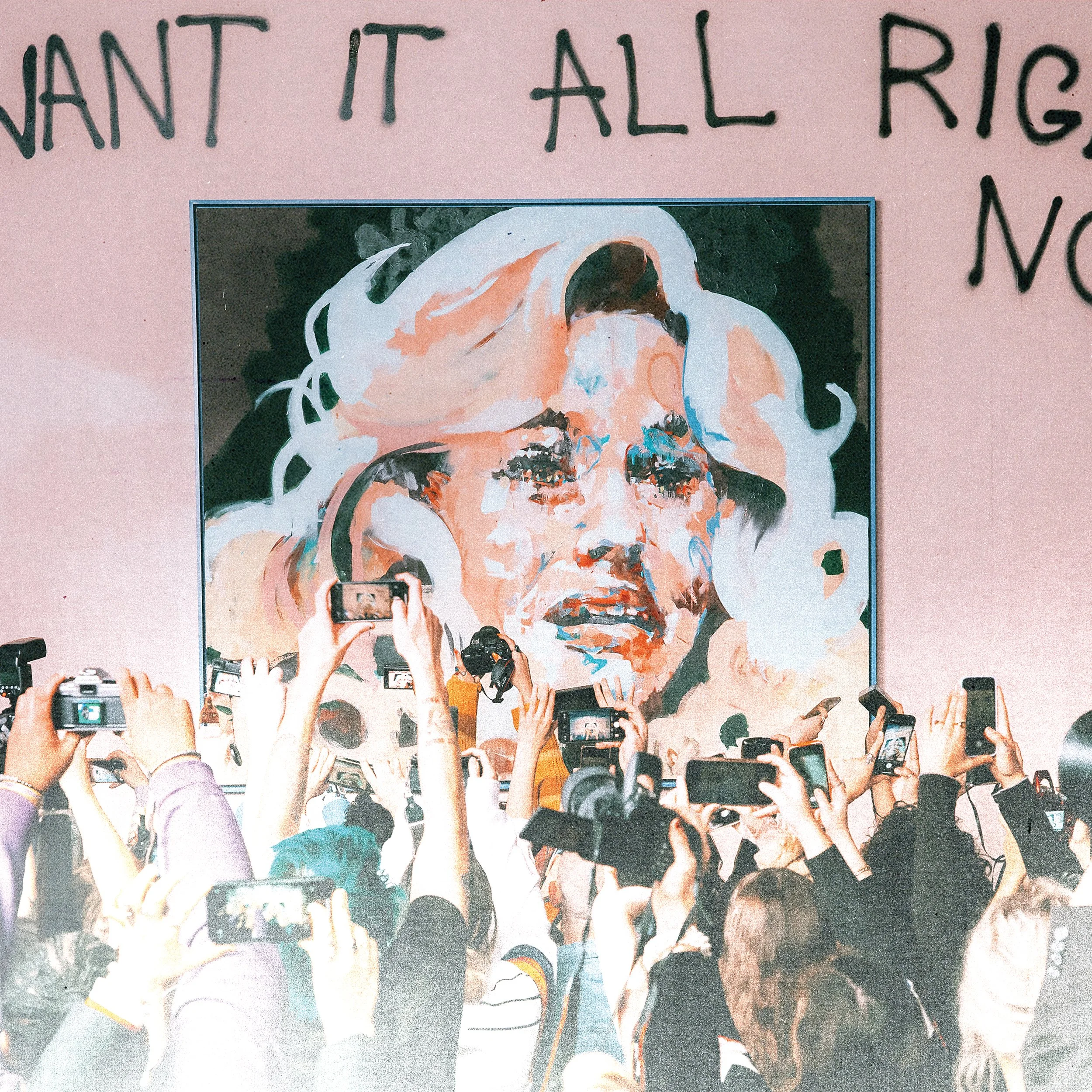 Album cover of GROUPLOVE's album, "I Want It All Right Now". It shows a crowd taking photos of a large portrait of a woman with wavy hair and makeup, surrounded by people with smartphones and cameras.