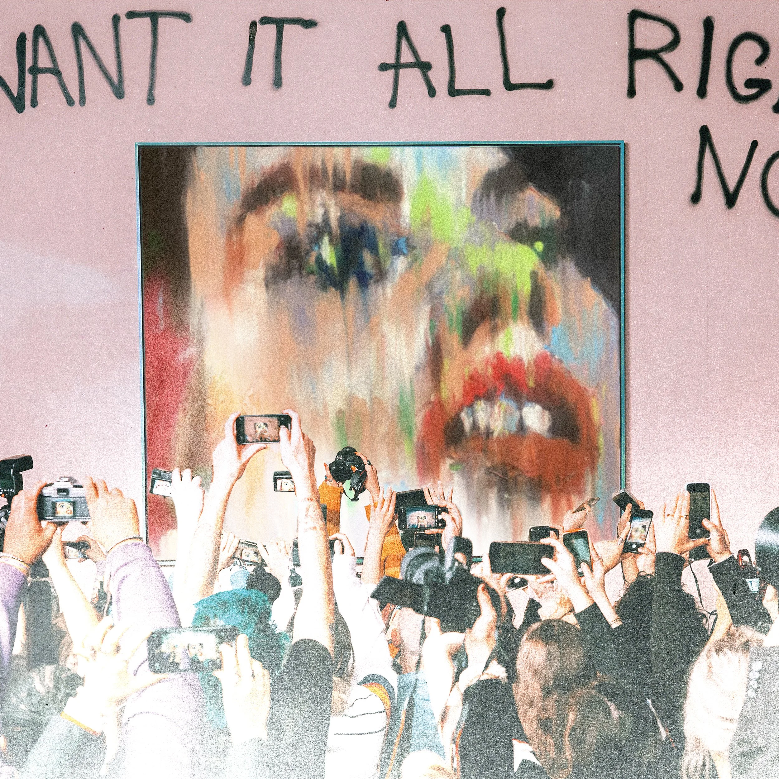 Album cover of "I Want It All Right Now (Deluxe)". It features a crowd of people taking photos of a large abstract painting of faces with colorful brushstrokes at an art exhibition.