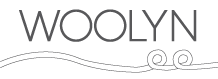 Gray logo with a looped string at the bottom, the top reads Woolyn