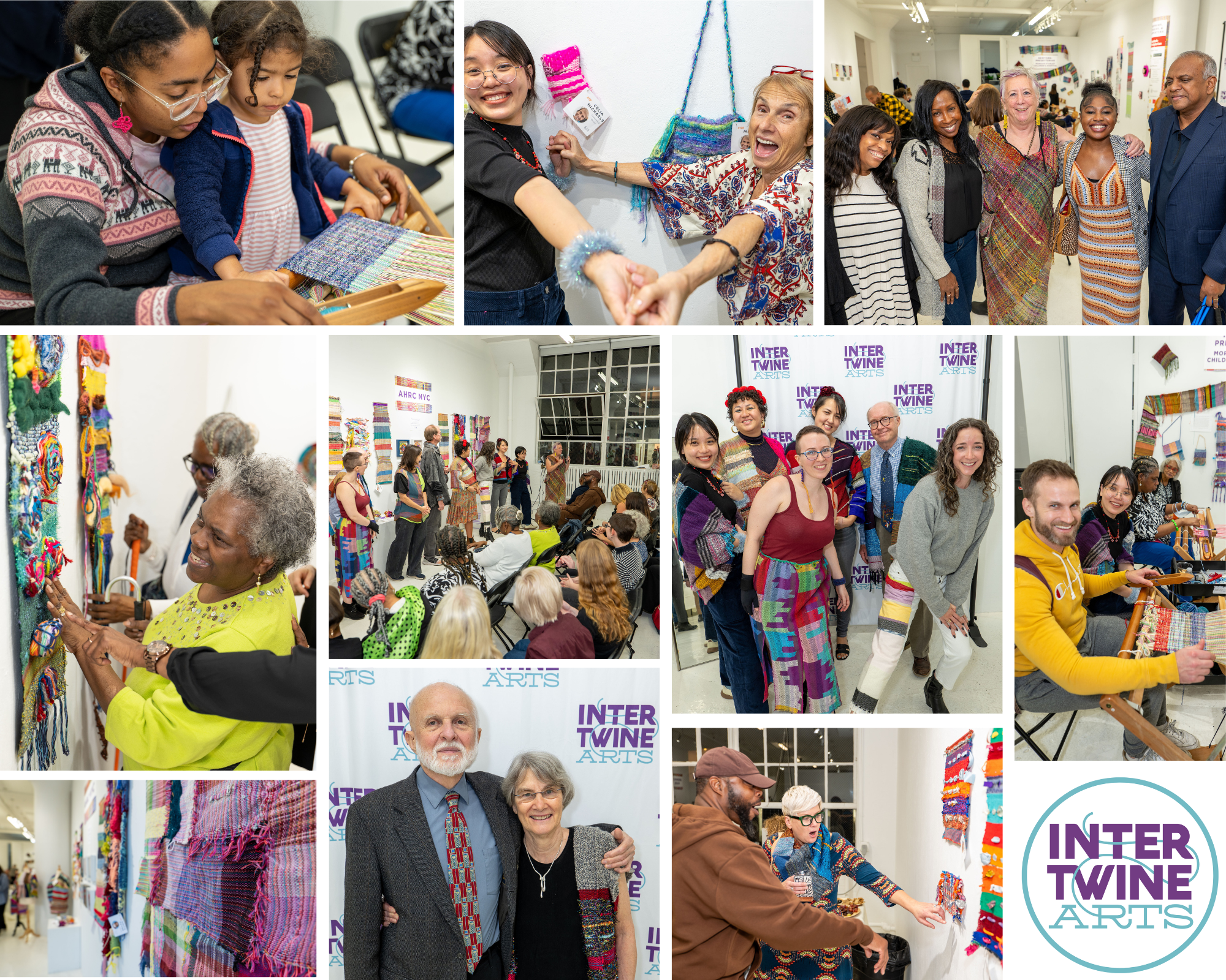 A photo collage of pictures from our 2024 fundraising event ‘Woven Together’. Photos include people weaving on a loom, smiling and posing for a photo, touching the woven artworks on the wall and speeches being made.