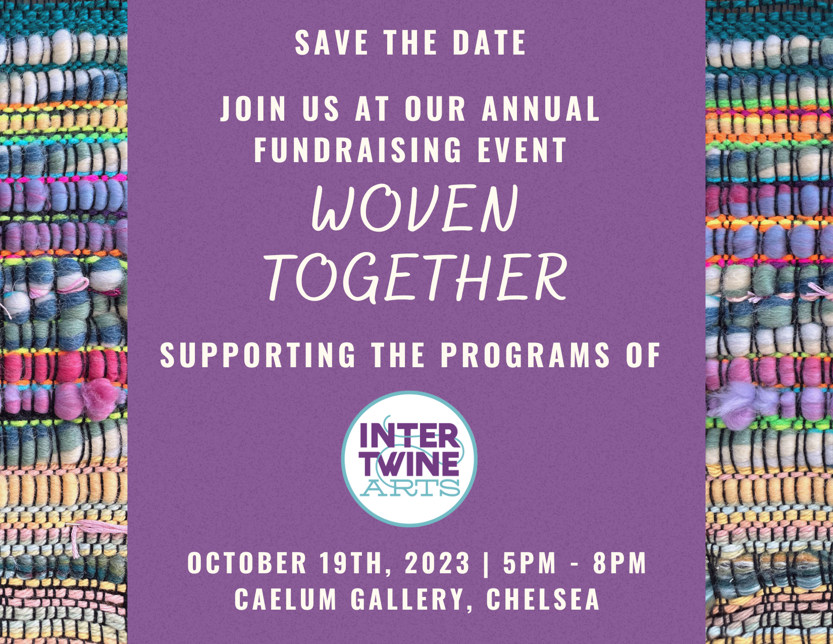 A purple Save the Date postcard with multicolored weavings on either side