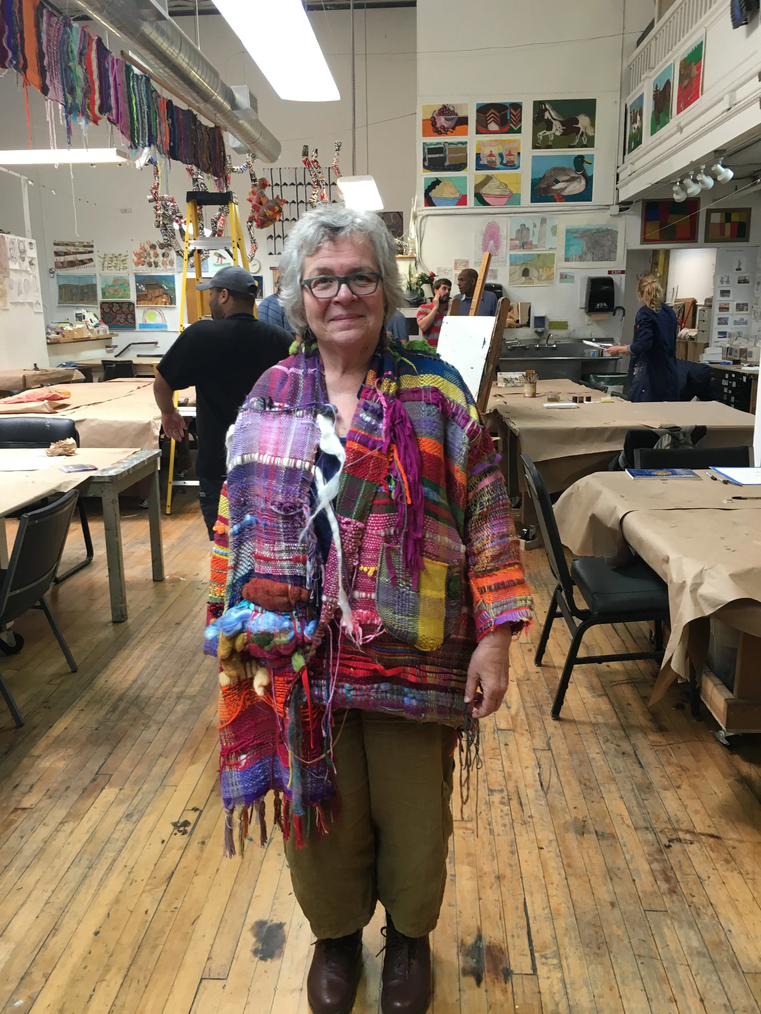 Executive Director Amy Taub wearing the fabulous SAORI woven jacket communally made by the artists and staff at Creativity Explored!!