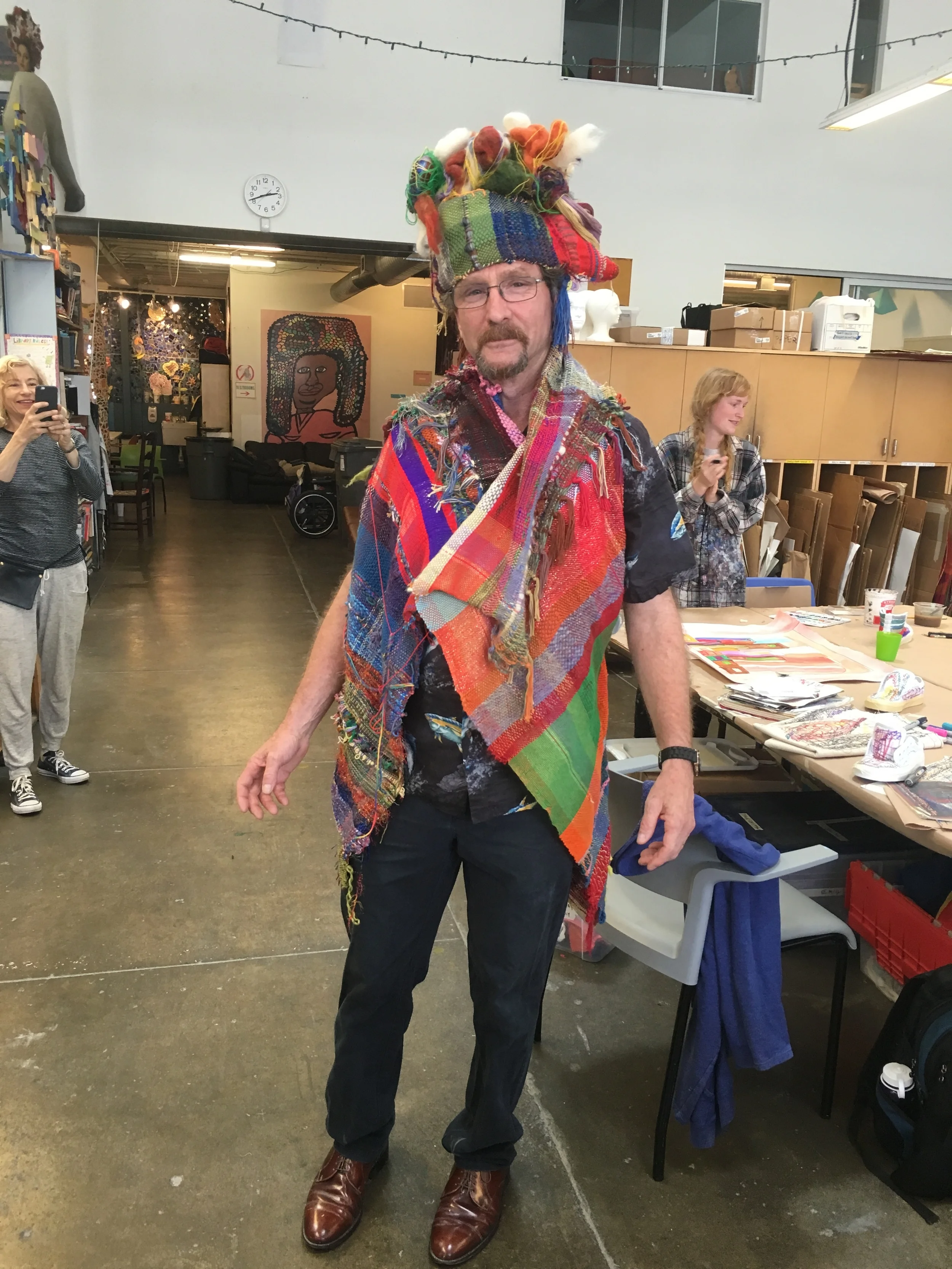Pete modeling the hand stitched hat he made using Tony Pedemonte's woven sculpture. Communally SAORI woven vest.