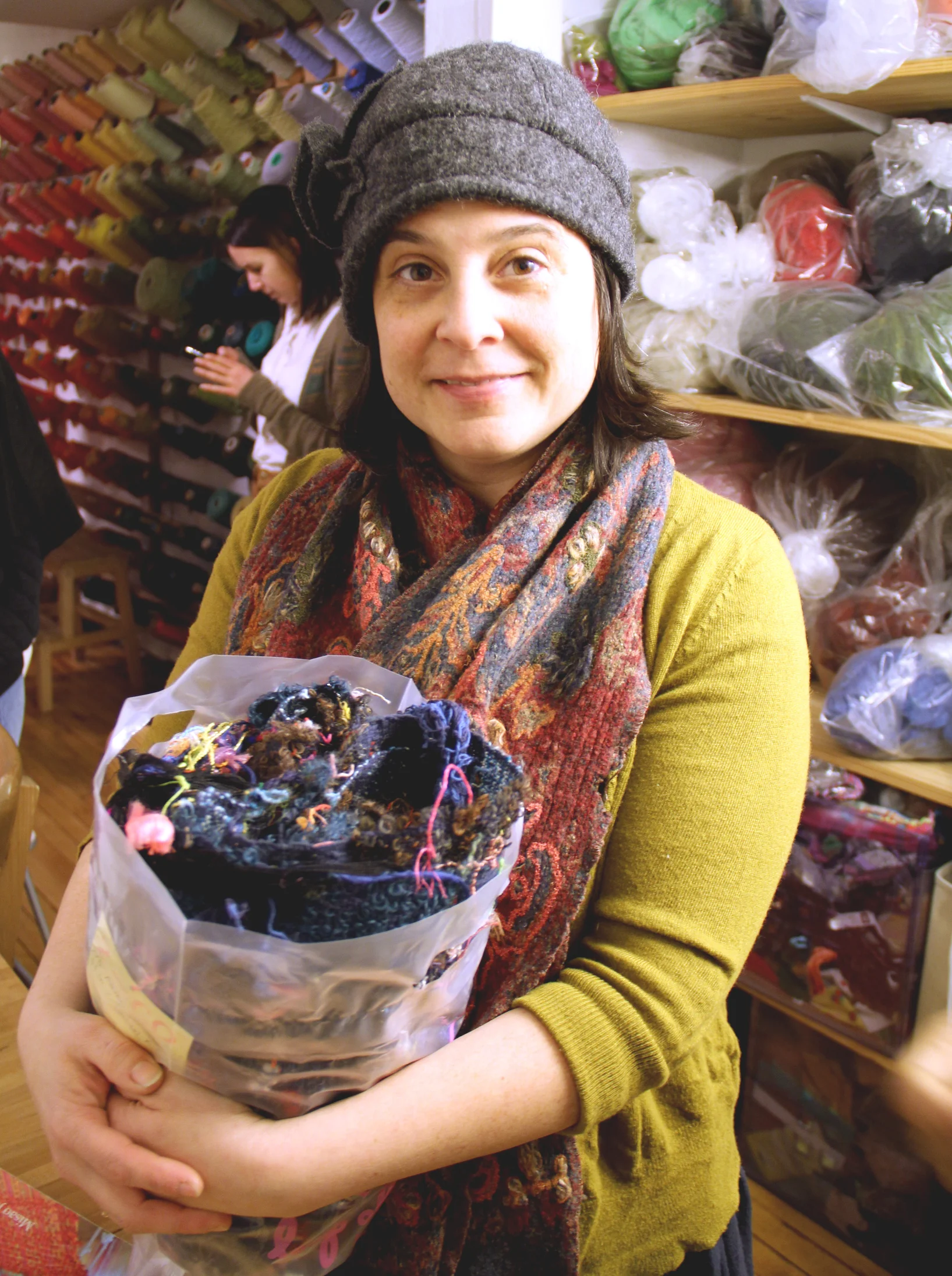 Kelly Cobb choosing her weaving!