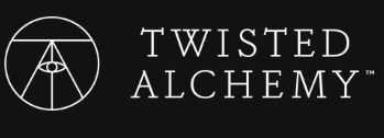 A logo in black and white for Twisted Alchemy, with a magical symbol containing an eye and a pyramid