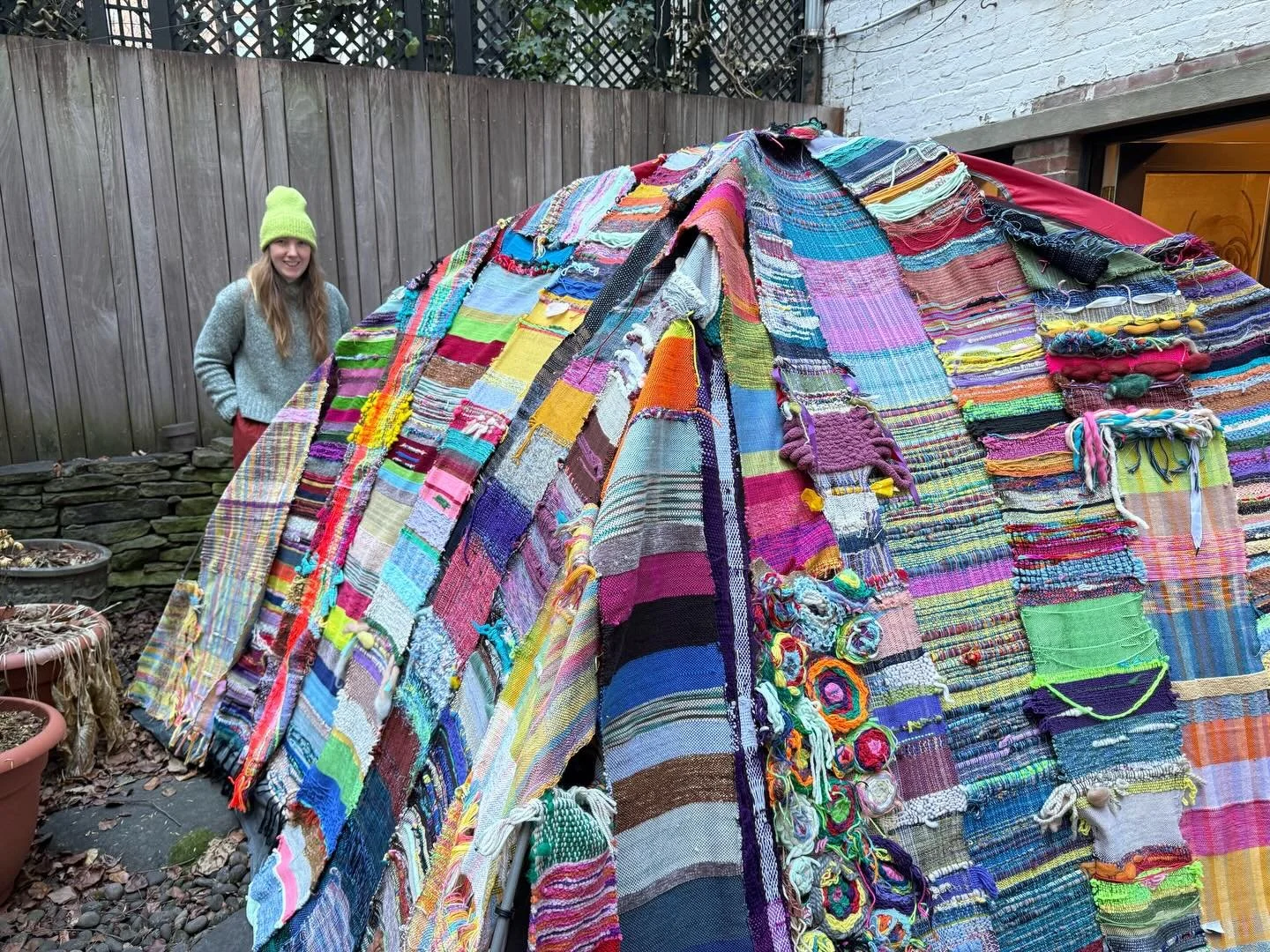 Sneak peek of a tent that will be on display at our Weave In, Weave Out exhibition, opening this Friday, January 23. This tent was made by Intertwine Arts Creative Director Anna Maie, using fabrics from all of our programs and from years past.

Exhib