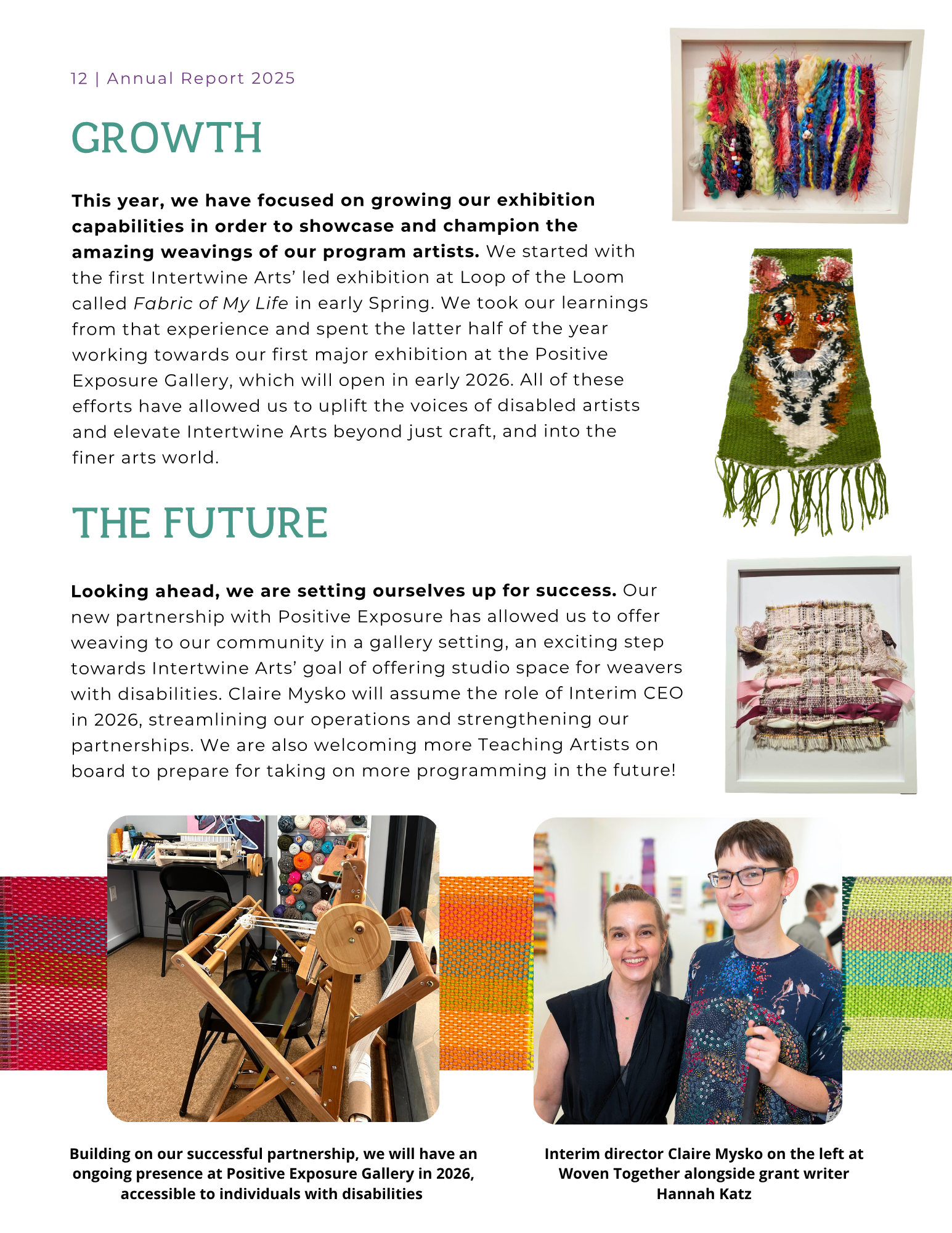 A page from an annual report highlighting growth and future plans of an arts organization, featuring images of colorful textile art pieces, weaving equipment, and smiling individuals at an art gallery event.