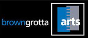 A blue and black logo for browngrotta with a symbol that looks like fabric stitched together