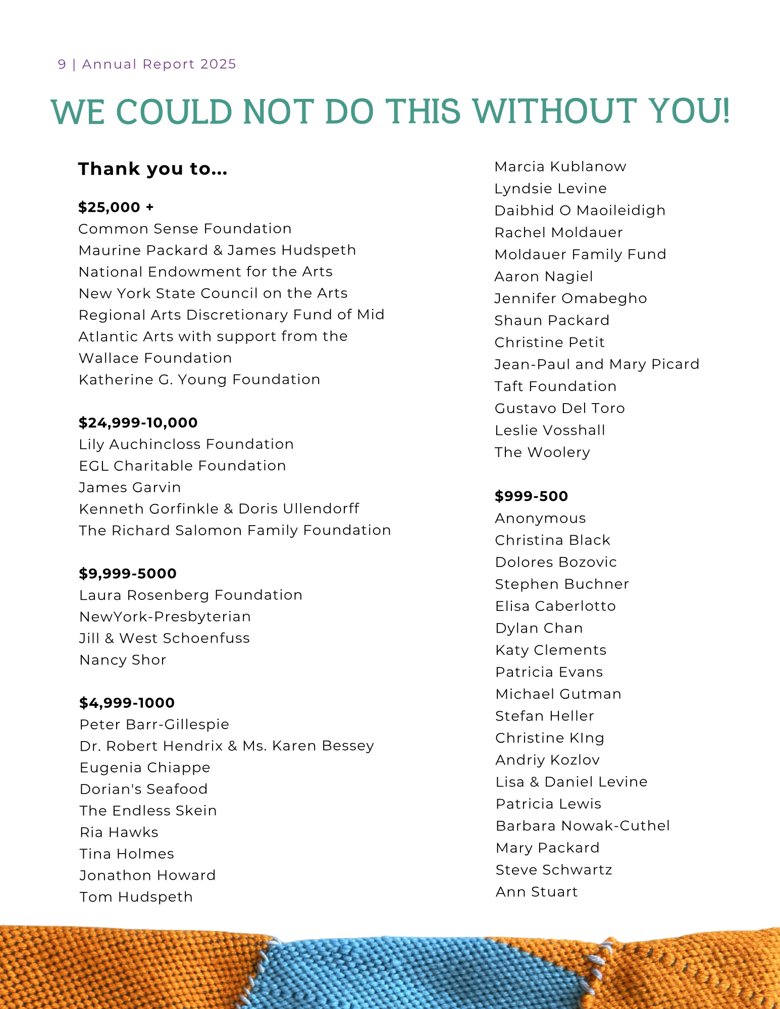Page of an annual report 2025 thanking donors for contributions ranging from $25,000 to over $9,999. The page lists donors' names organized by donation amount, with the title 'We Could Not Do This Without You!'