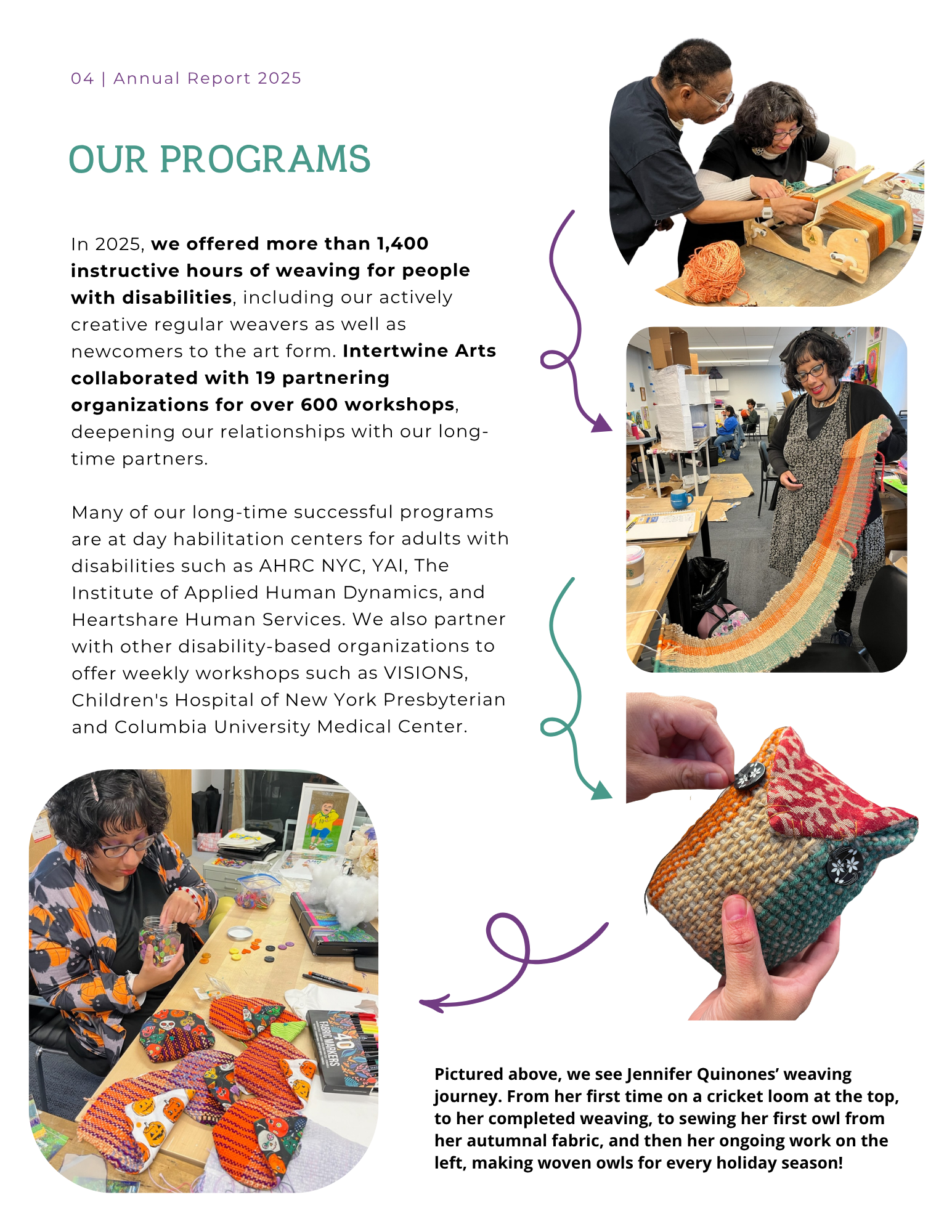 Photos of women participating in weaving activities, including one woman sewing a woven owl and another woman displaying completed woven owls at a crafting workshop.