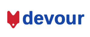 A logo for Devour Tours, with a red tag logo in red and the word 'devour' in blue
