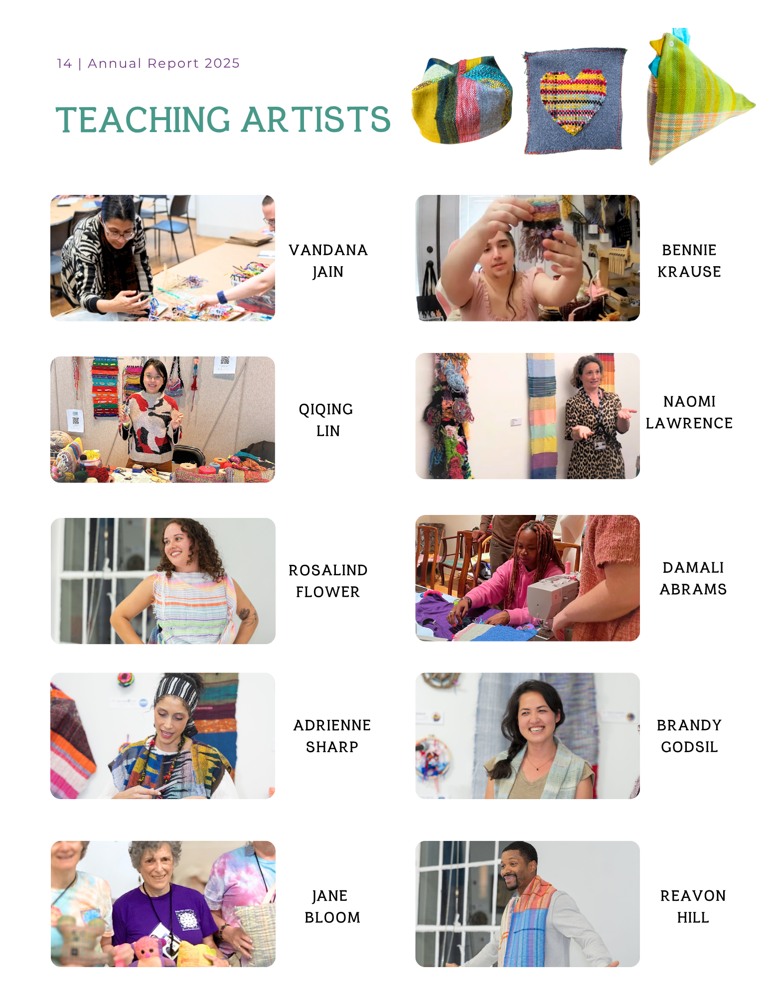 The image is a page from an annual report titled "Teaching Artists 2025." It features a collage of photographs of diverse women involved in artistic and craft activities such as weaving, knitting, and presenting their artwork. Each woman is identifie