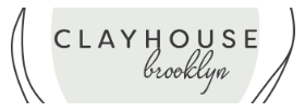 A logo for clayhouse brooklyn, with gestured black lines and a grey silhouette imitating a molded form