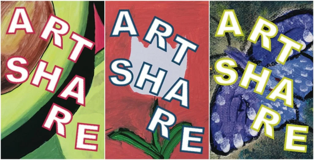 A triptych of painted artworks with the word Artshare on each panel