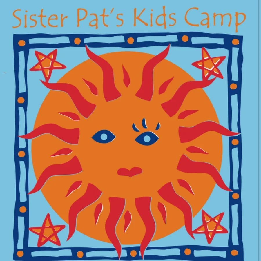 Colorful illustration of a smiling sun with a face, set against a blue background. The sun has red rays and blue eyes. The image is framed with a decorative border featuring stars and geometric patterns. The text at the top reads 'Sister Pat's Kids Camp'.