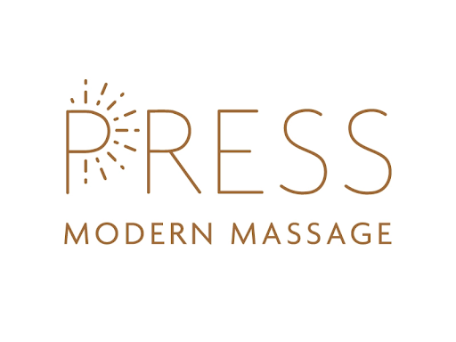 Press Modern Massage in brown letters with a sun radiating from the letter P