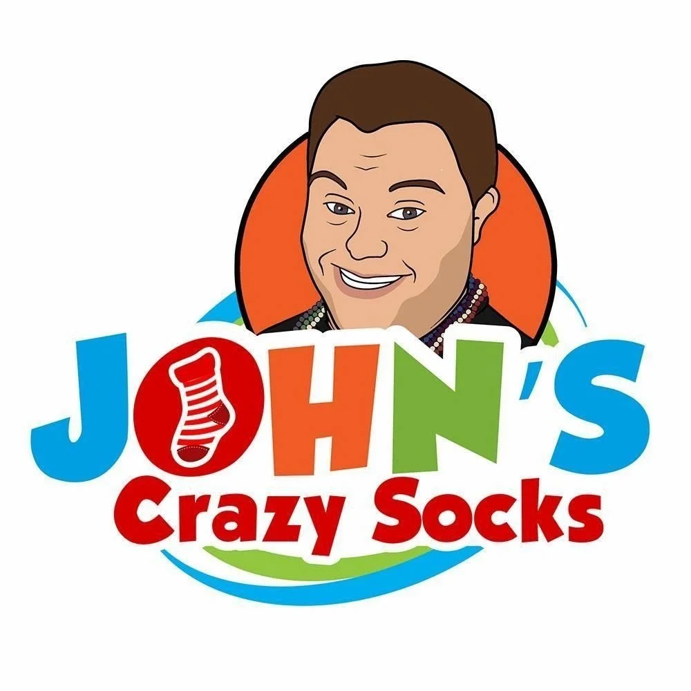 Johns Crazy Socks logo in multicolored colors, with a man's face in cartoon style above the lettering