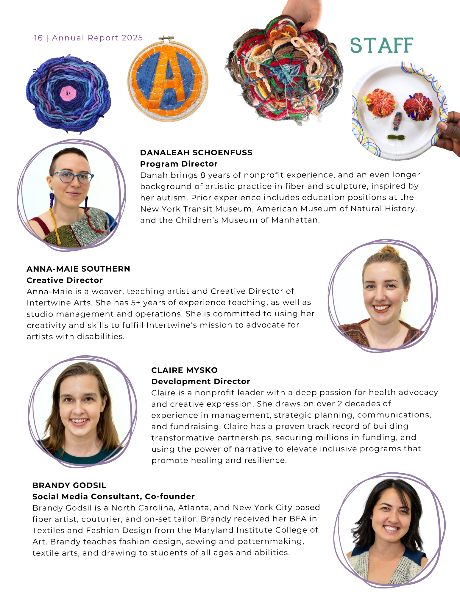 An infographic featuring staff profiles for an annual report 2025. It includes circular photos of staff members, their names, job titles, and brief bios. The images include a woman with glasses and colorful earrings, a woman with long hair and a patt