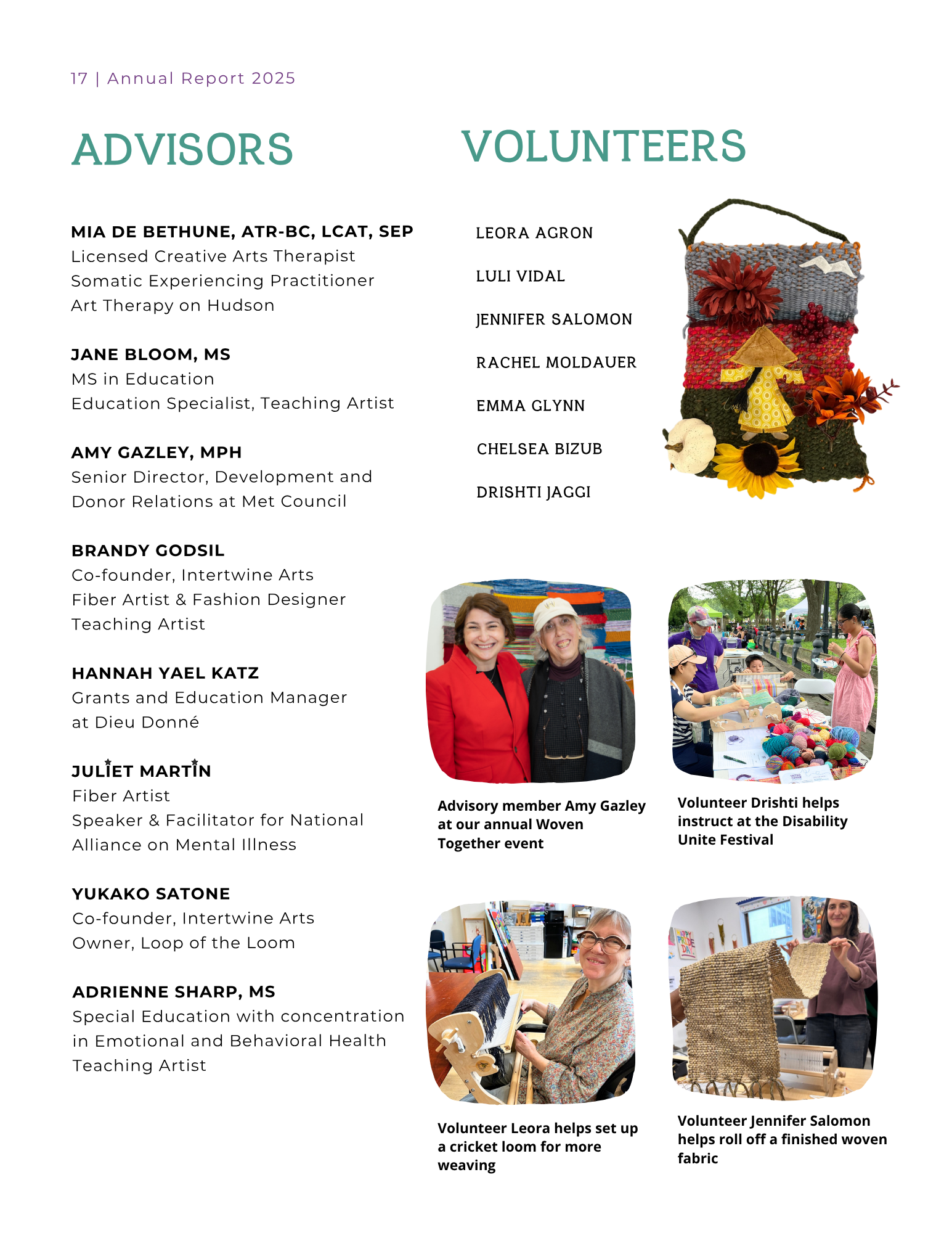 Page from an annual report 2025 listing advisors and volunteers, with photos of volunteers working on arts and craft projects, and a colorful woven art piece.