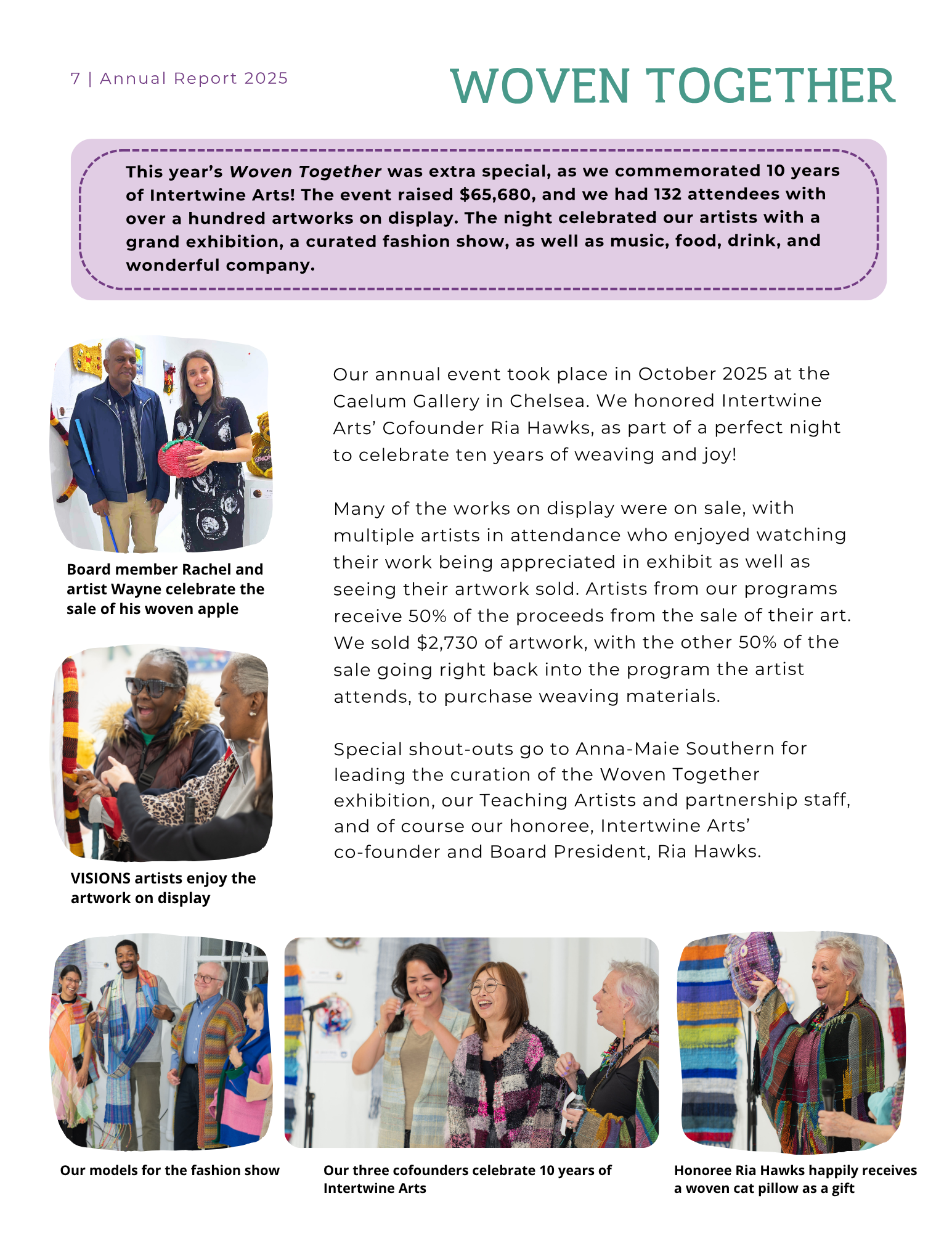 Annual report page titled 'Woven Together' featuring photos of people at an art event, including a model with woven clothing, co-founders celebrating, and a recipient with a woven cat pillow.