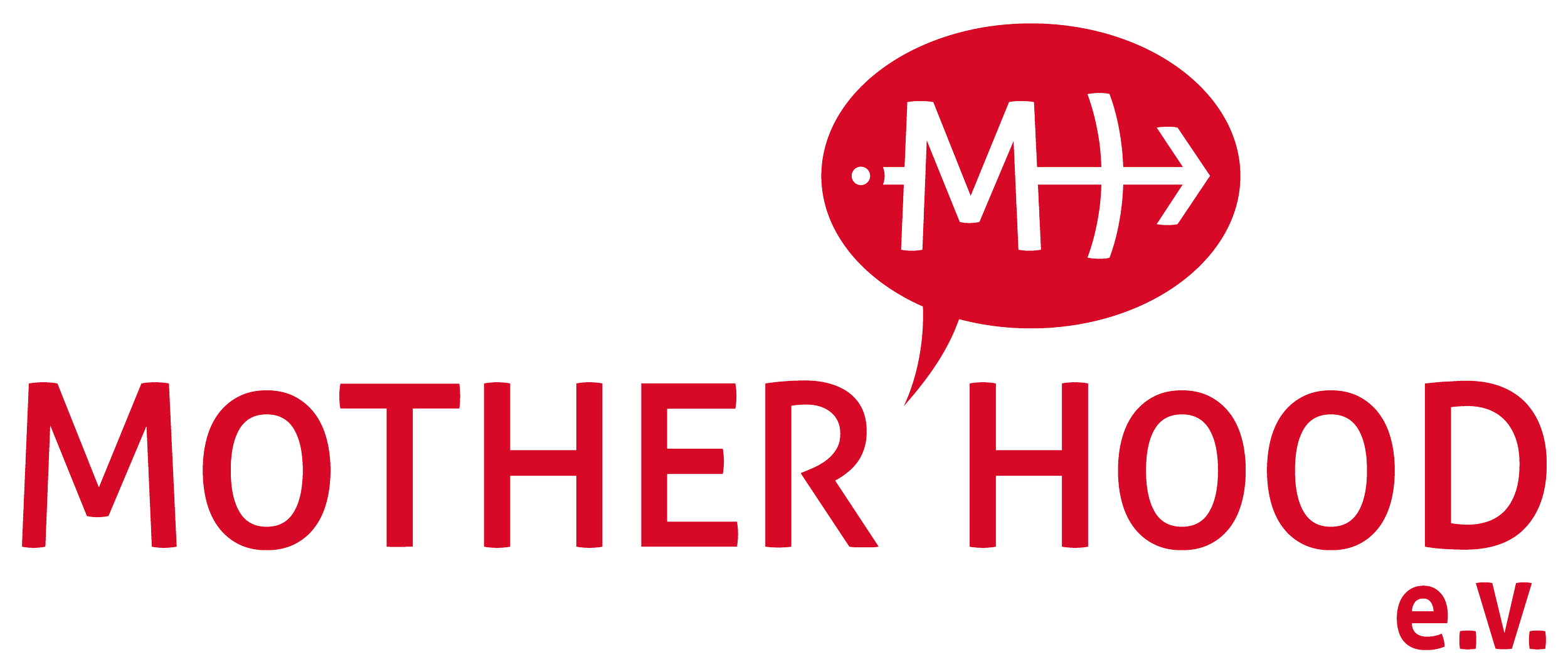 Das Logo mit dem Text 'MOTHER HOOD e.V.' in roten Buchstaben und einem roten Sprechblasen-Symbol mit dem Wort 'MUT' darin.