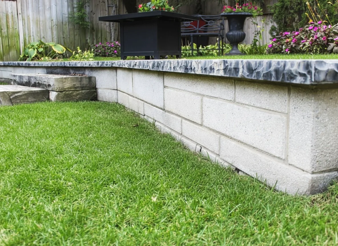 A backyard garden with a grassy lawn, stone steps, a stone retaining wall, and a raised flower bed with pink and purple flowers. There is a dark-colored outdoor furniture piece and a decorative planter in the background.