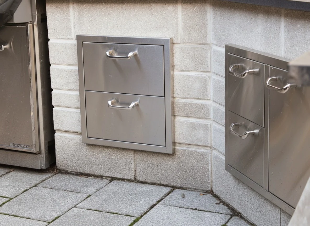Two stainless stainless steel storage areas mounted on an outdoor kitchen
