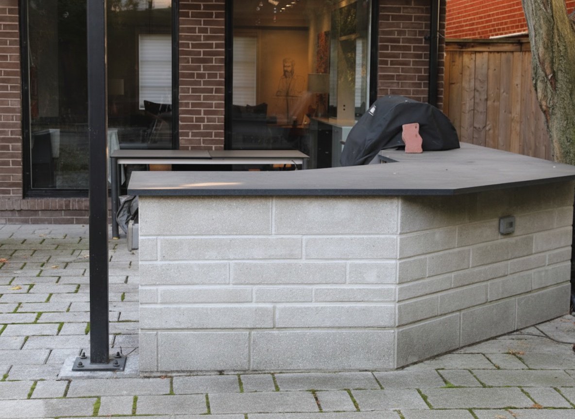 Outdoor patio area with a concrete block bar, a black grill covered with a black cover, behind a table, in front of a glass door, next to a wooden fence and a tree