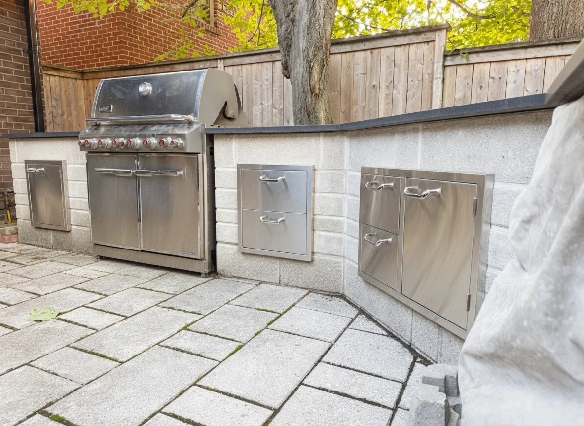 Outdoor kitchen area with a stainless steel barbecue grill, two small stainless steel cabinets, and a larger stainless steel storage box set into a concrete block wall. Paved stone flooring and a wooden fence with trees in the background.