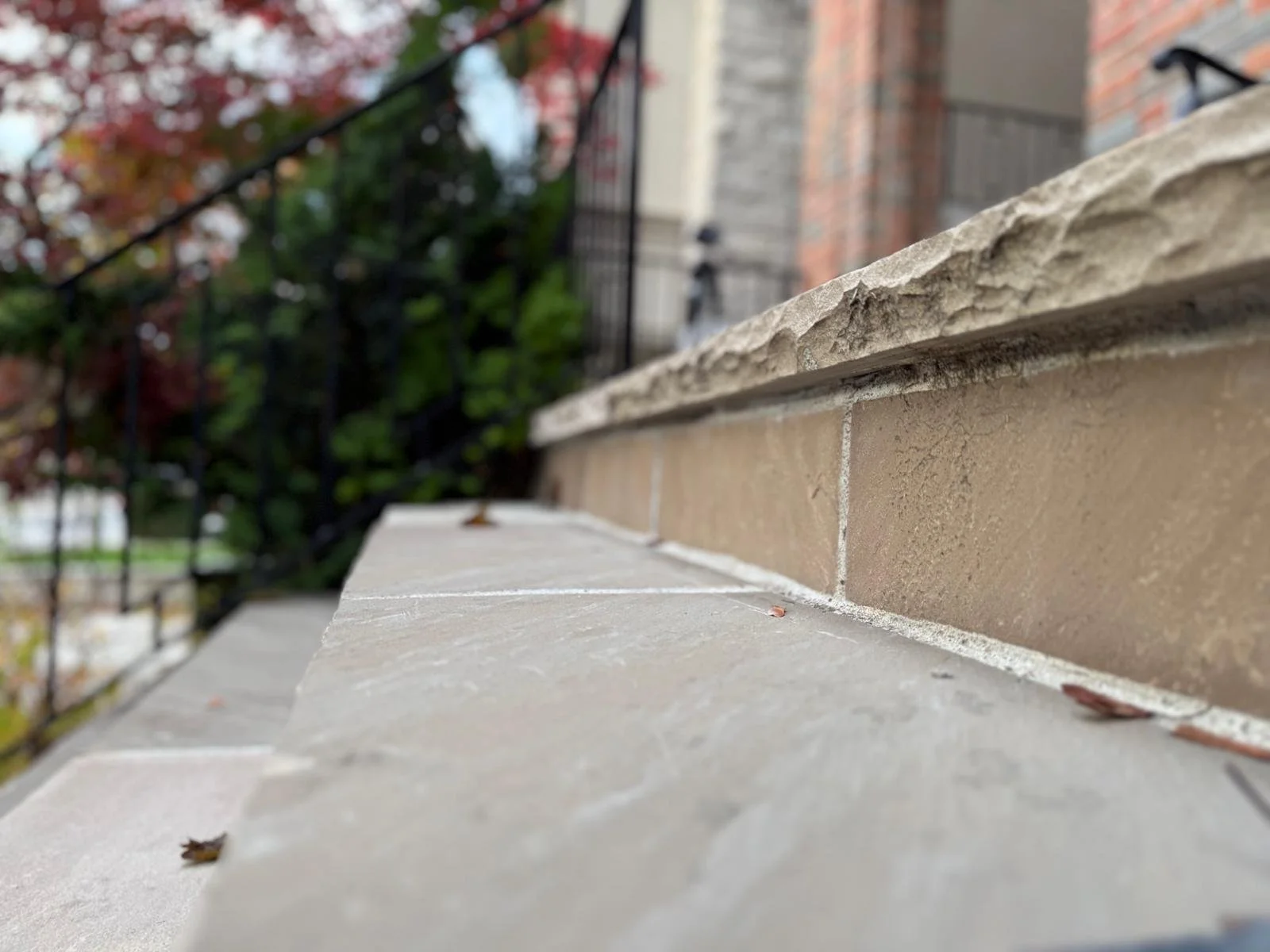 Close-up of a brick and stone ledge with fallen leaves, with a blurred background of a fence and trees with autumn foliage.