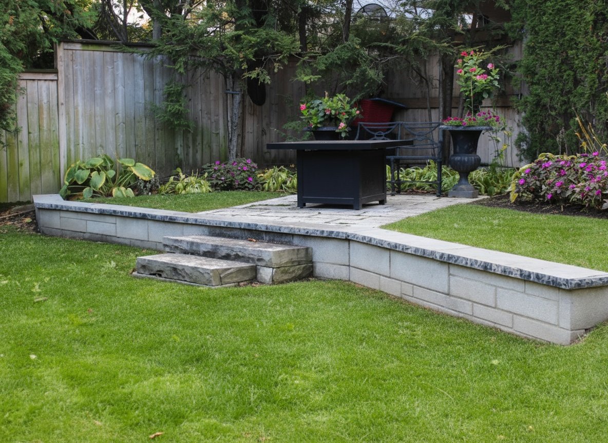 A backyard garden featuring a retaining wall, stone patio and stairs along side a lush manicured lawn. This transformed the back yard from tired to excellence for 3 season use! The patio area is slighted shaded and provides a quiet sanctuary.