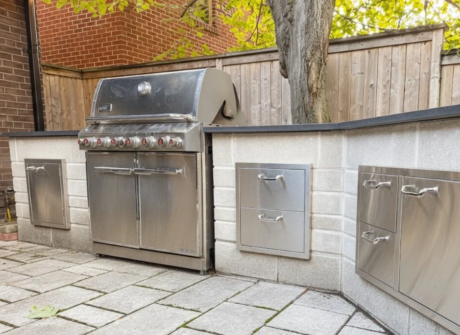 Outdoor stainless steel barbecue grill with a lid, control knobs, and side drawers, situated against a wooden and brick privacy fence with a tree nearby.