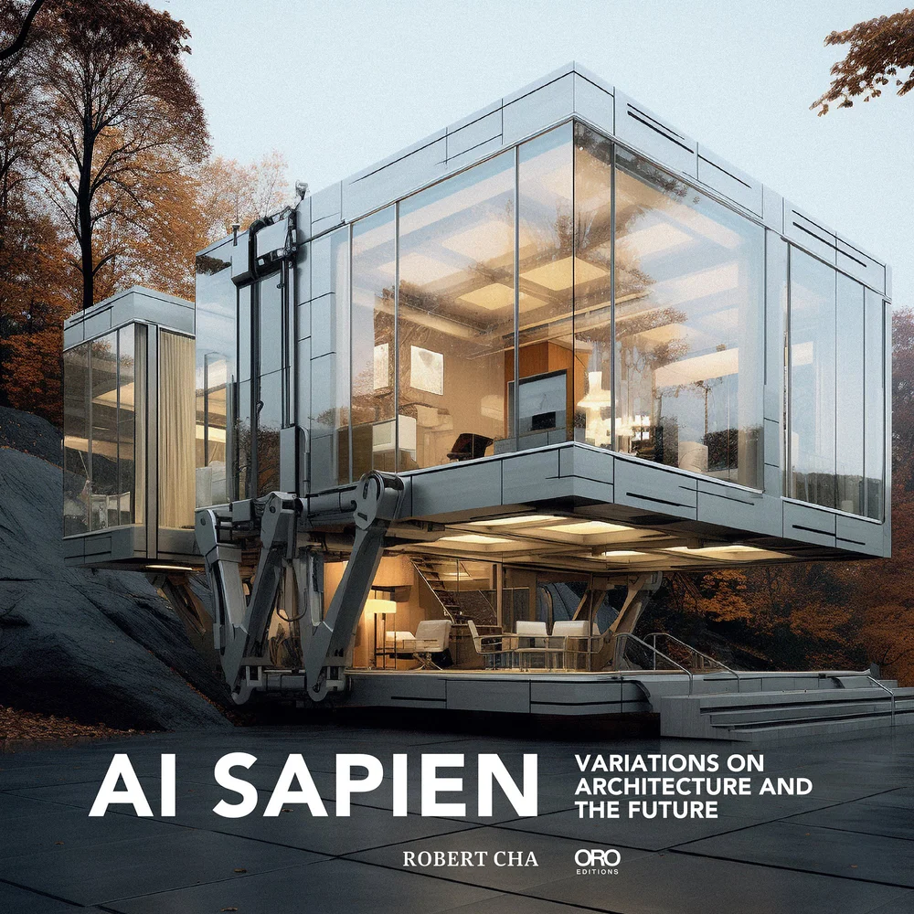 AI SAPIEN: Variations on Architecture and the Future, by Robert Cha — book cover showing a glass house on mechanical legs in an autumn forest