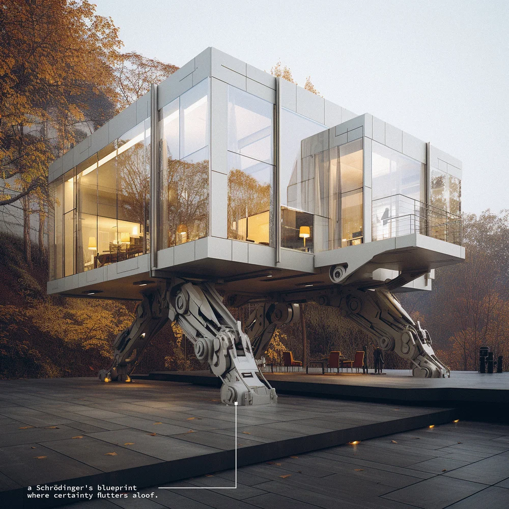 Robert Cha, AI SAPIEN — a glass dwelling raised on mechanical limbs in an autumn landscape