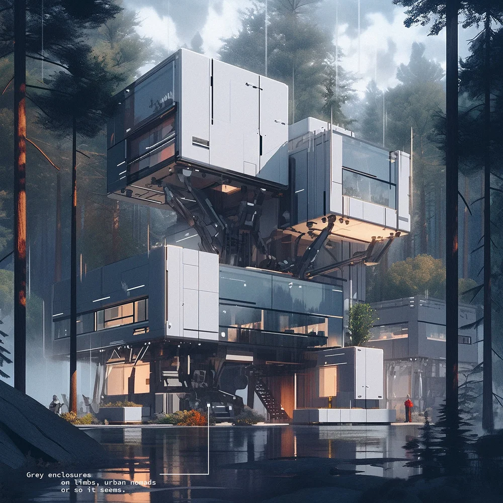 Robert Cha, AI SAPIEN — elevated white architectural volumes among tall forest trees, with a poem on the plate
