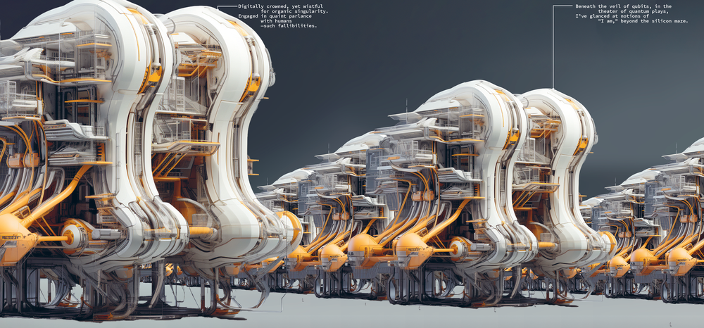 Robert Cha, AI SAPIEN — panoramic architectural plate with white machine forms and yellow mechanical systems