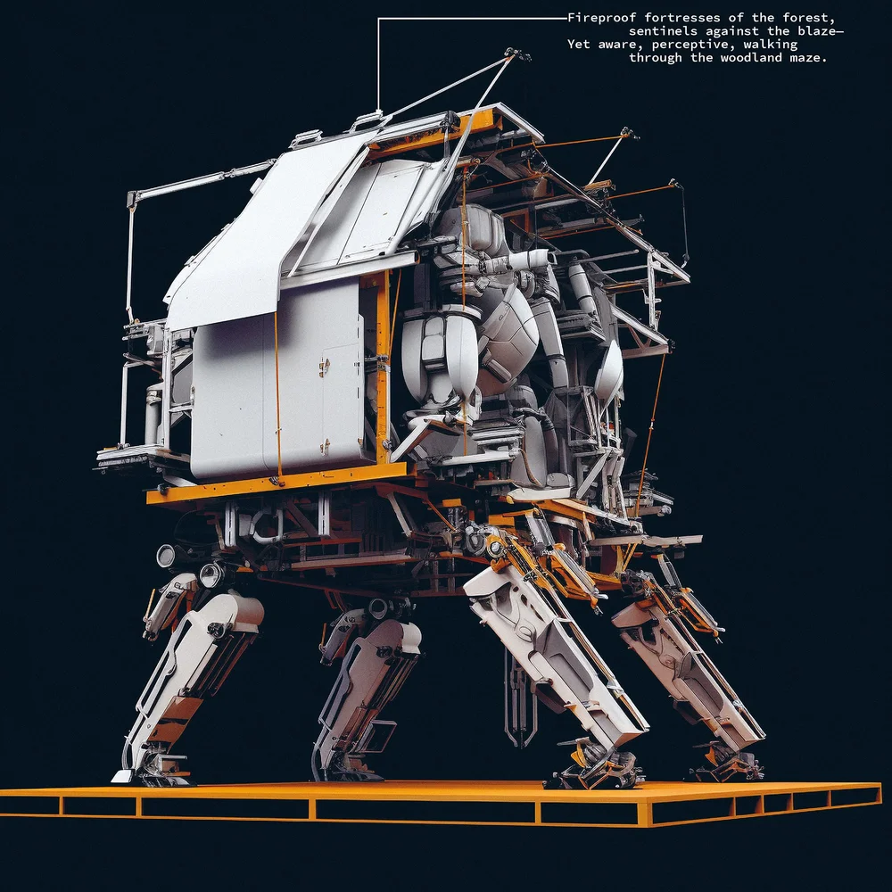 Robert Cha, AI SAPIEN — a walking architectural machine with exposed structure, orange rails and a dark background