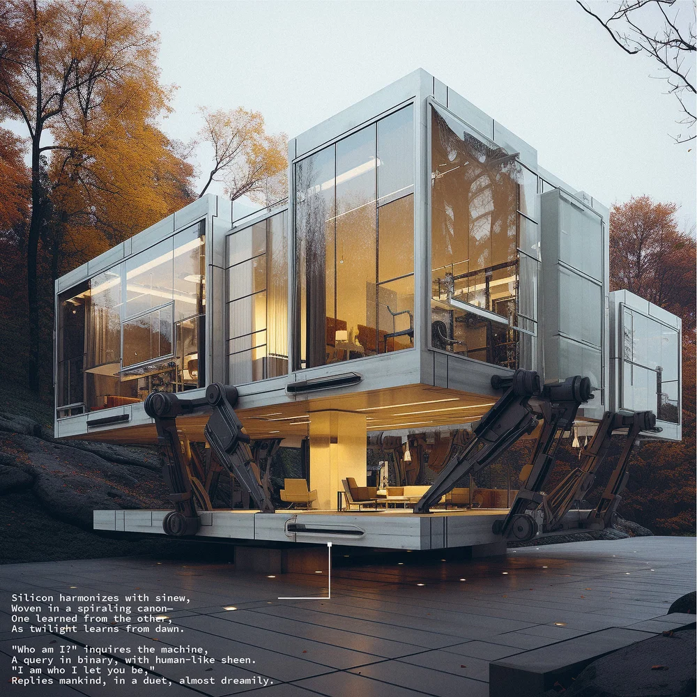 Robert Cha, AI SAPIEN — an illuminated glass house supported by articulated legs, with poetry embedded in the image