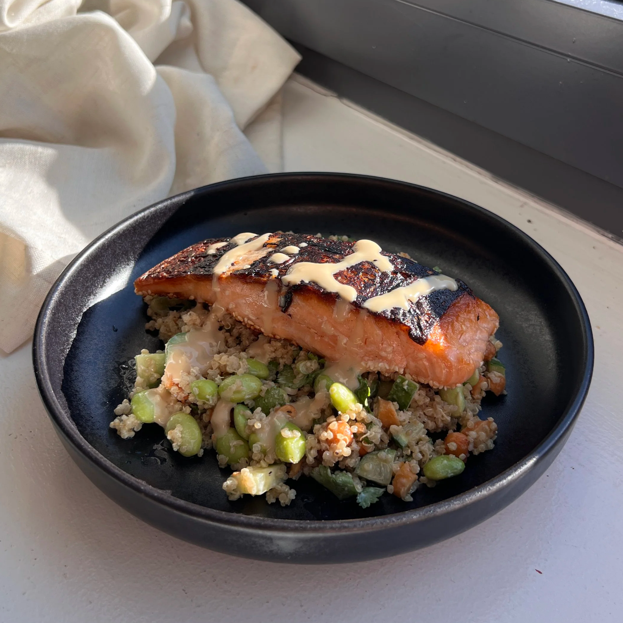 Crispy Sesame Salmon with Quinoa Salad and Tahini Sauce