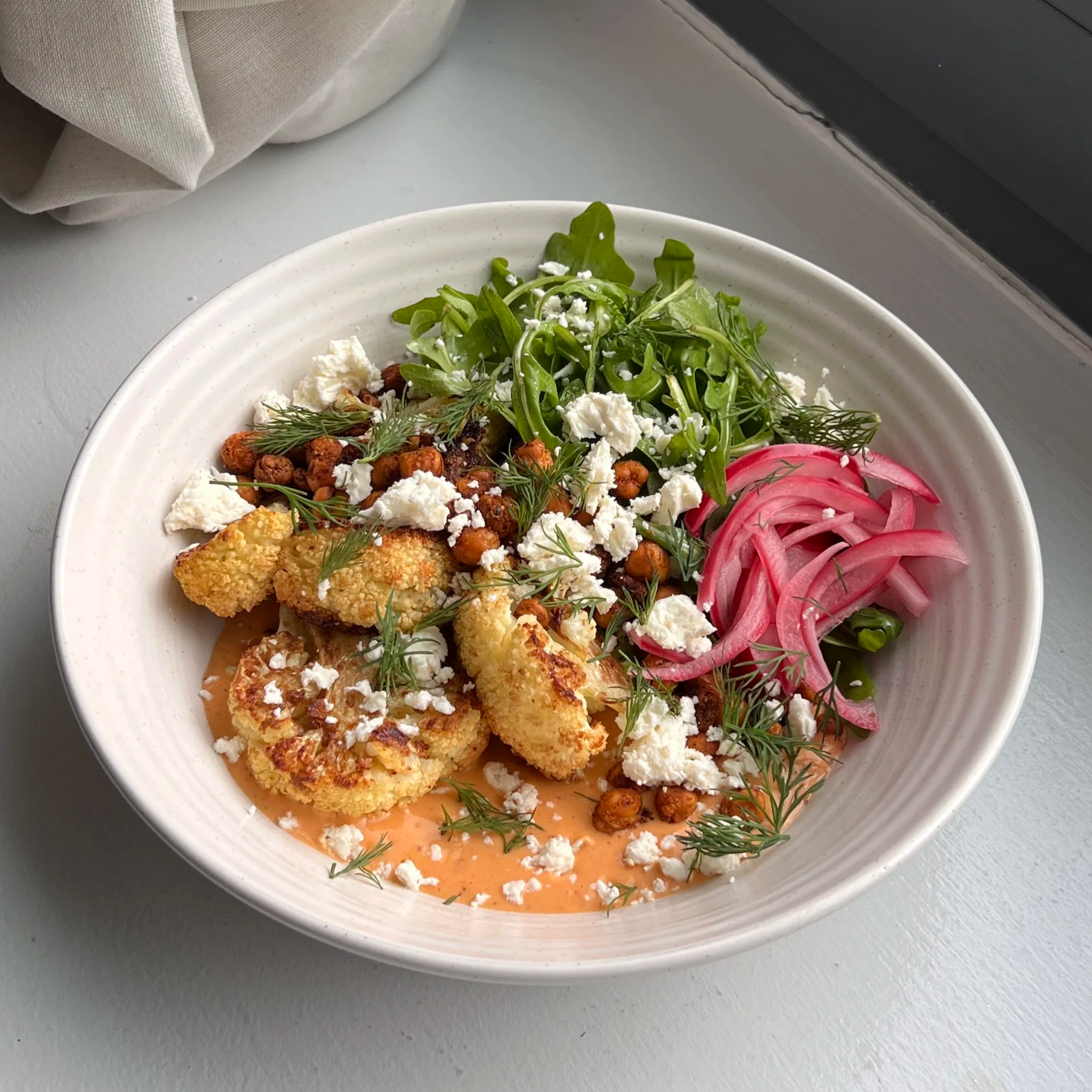 Crispy Chickpeas &amp; Cauliflower with Harissa Silken Tofu Sauce