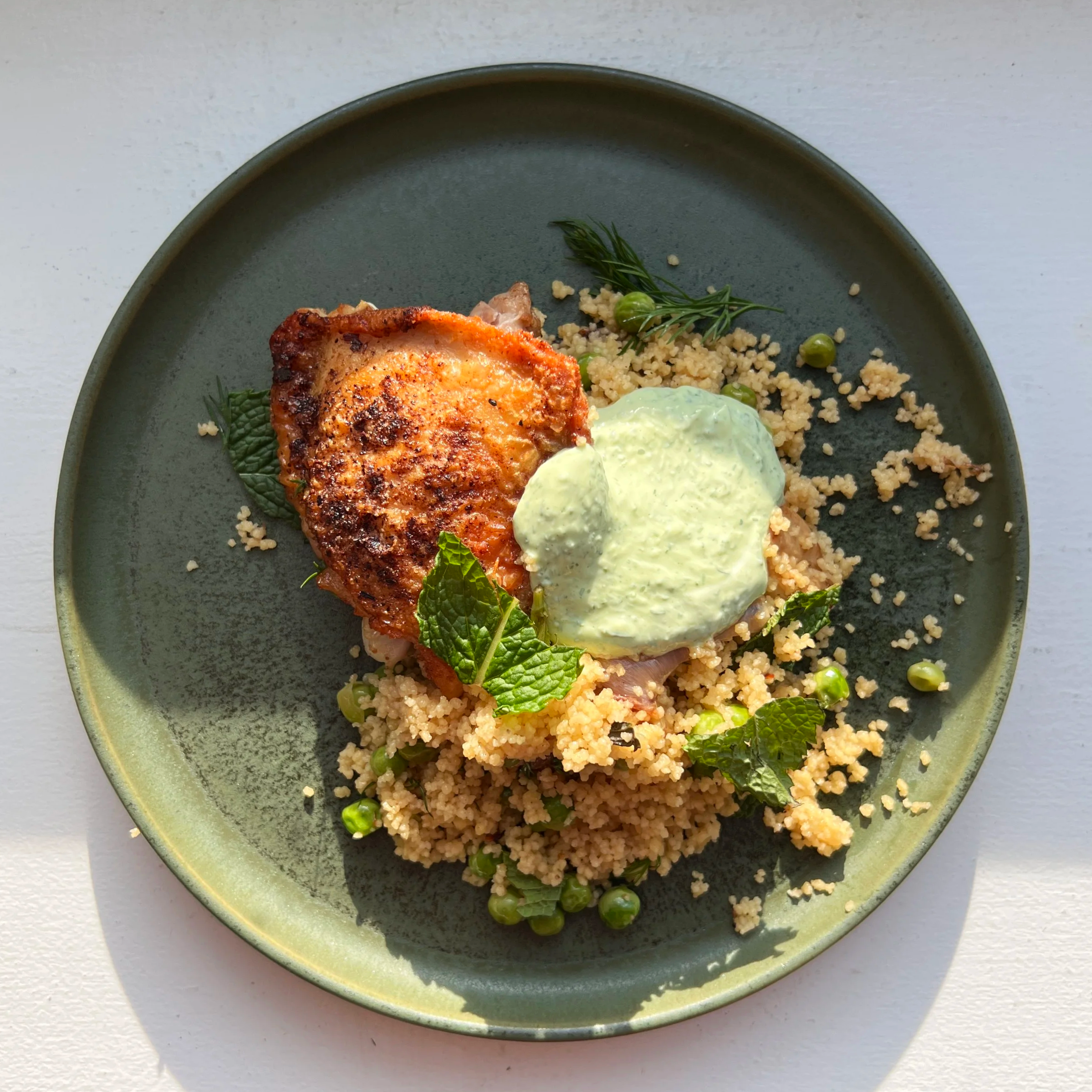 Crispy Chicken Thighs with Couscous and Herby Yogurt