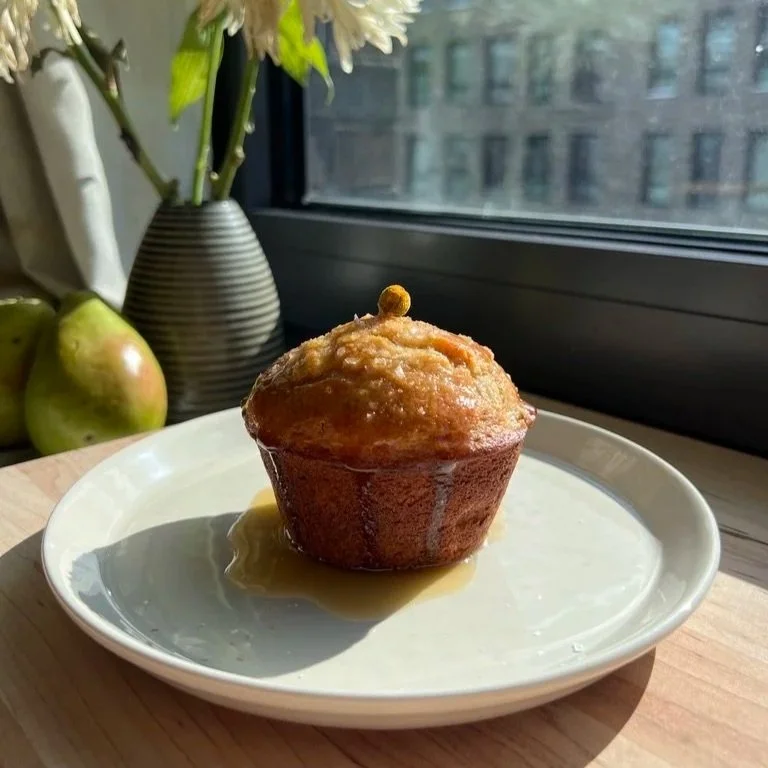 Chamomile, poached pear, and honey muffins
