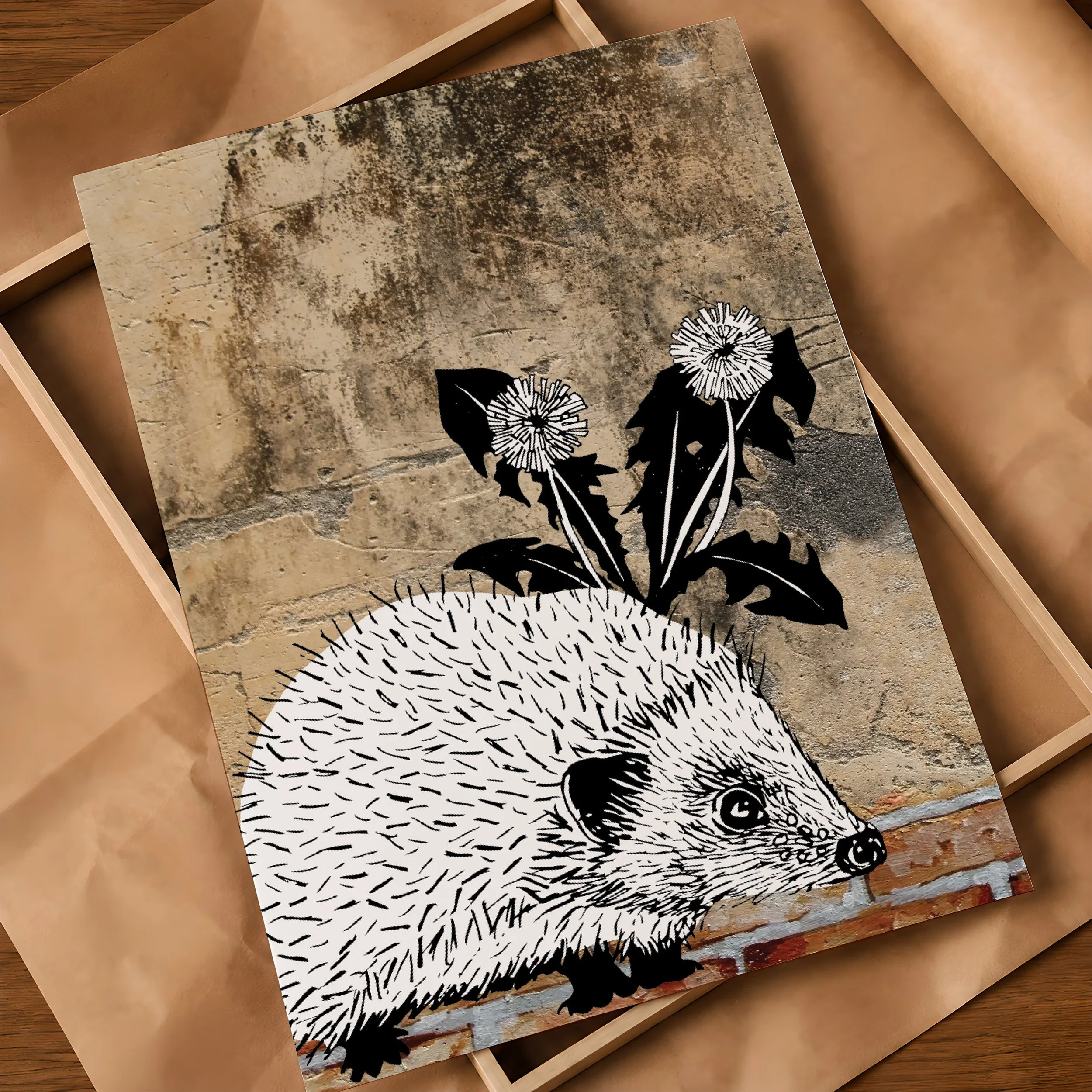 'Hedgehog' Poster on Frame & Brown Paper.jpg