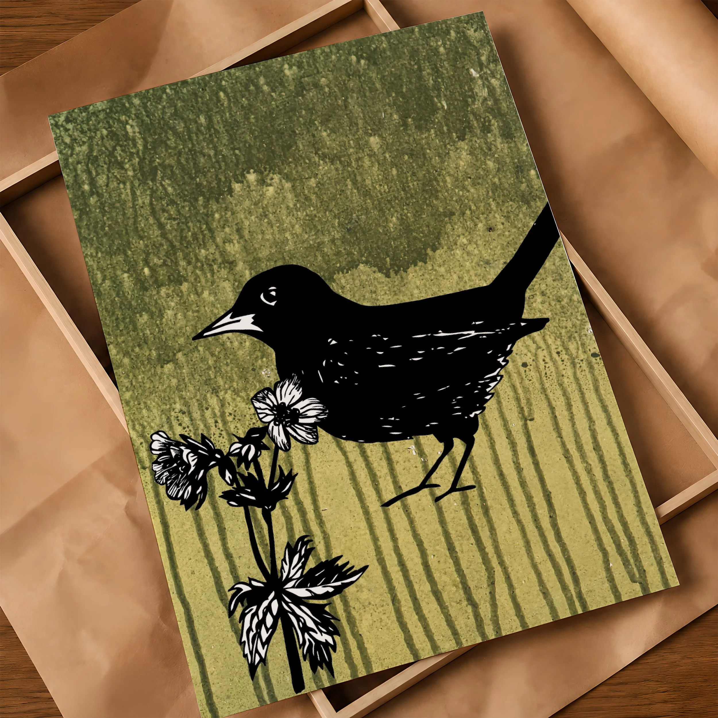 'Blackbird' Poster on Frame & Brown Paper.jpg