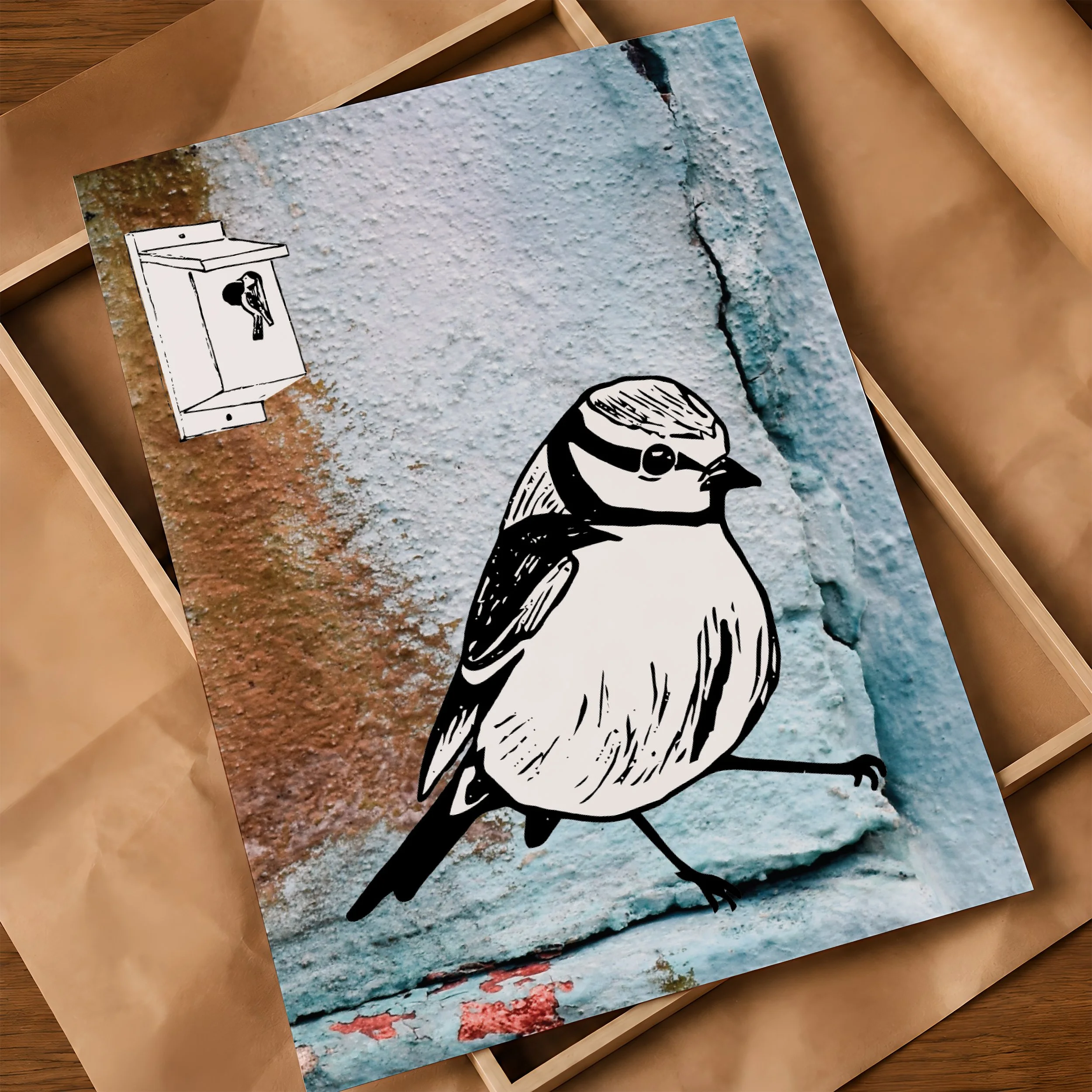'Blue Tit' Poster on Frame & Brown Paper.jpg