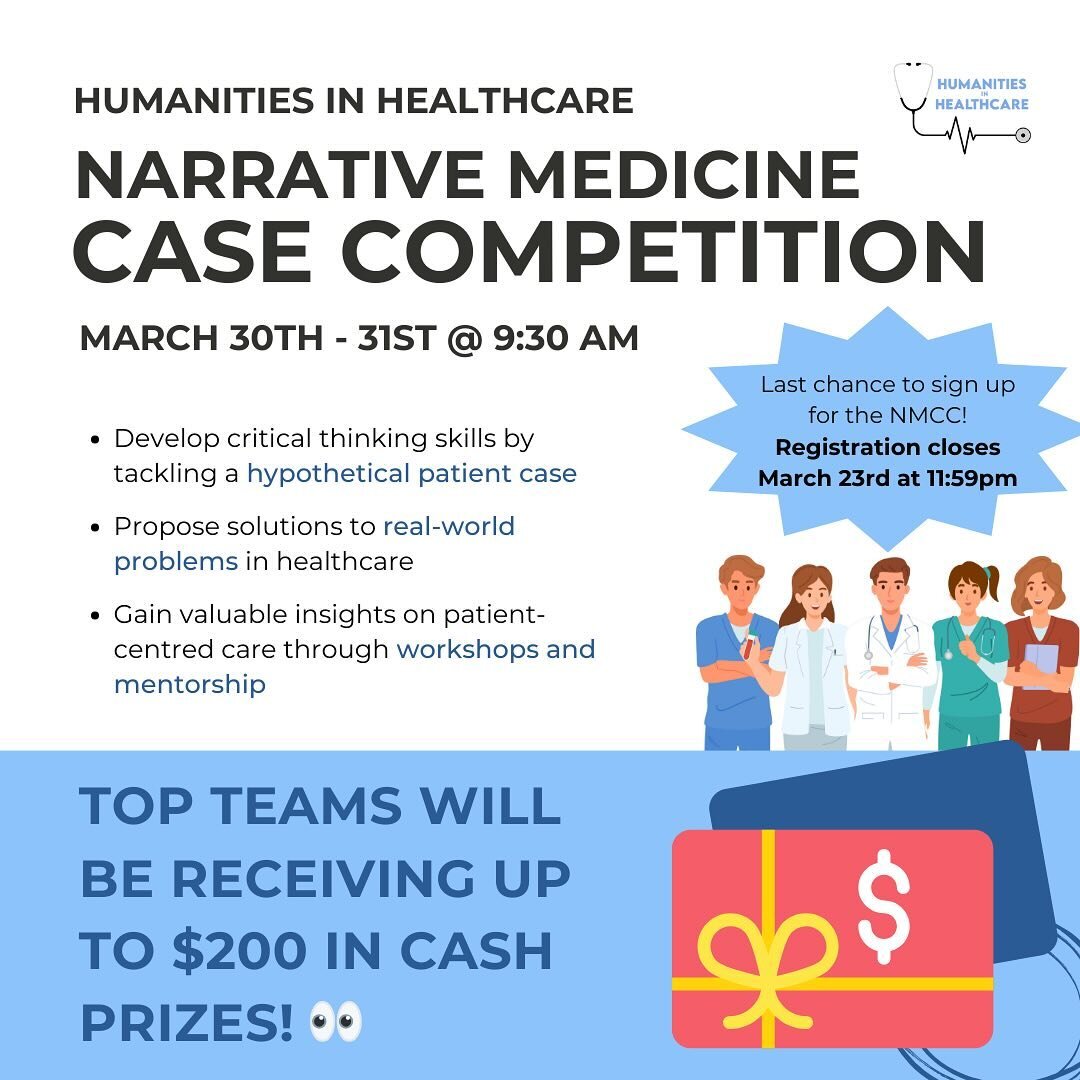 Our Narrative Medicine Case Competition is quickly approaching but it&rsquo;s not too late to sign yourself up in groups of 3-5 to compete! Deadline is March 23rd at 11:59pm. 

Top teams have the chance to win up to $200 in cash prizes🛍️. You won&rs