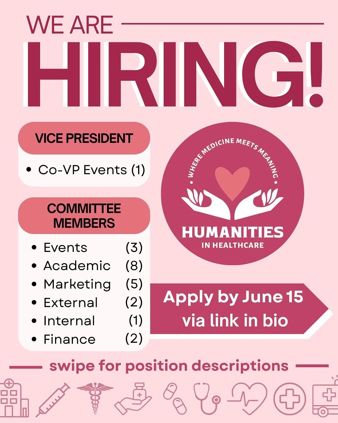 Healthcare needs more humanity—and that starts with YOU! 🫵❤️‍🩹
We’re looking for 22 curious, creative, and compassionate leaders to join our exec team.
🎙️Bring your voice. 👁️ Share your vision. 🌍 Help shape the future of medicine